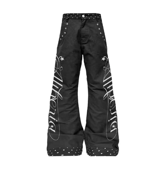 Y2K Gothic Flare Pants Women Black Studded Star Graphic Wide Leg Trousers